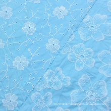 New product woven blue lace eyelet big floral 100% cotton poplin embroidery fabric for women shirts